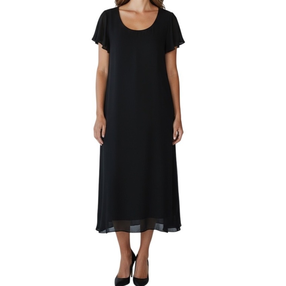 Lily Black‎ Vintage Women Maxi Dress Size 1X Scoop Neck Flutter Overlay Elegant.